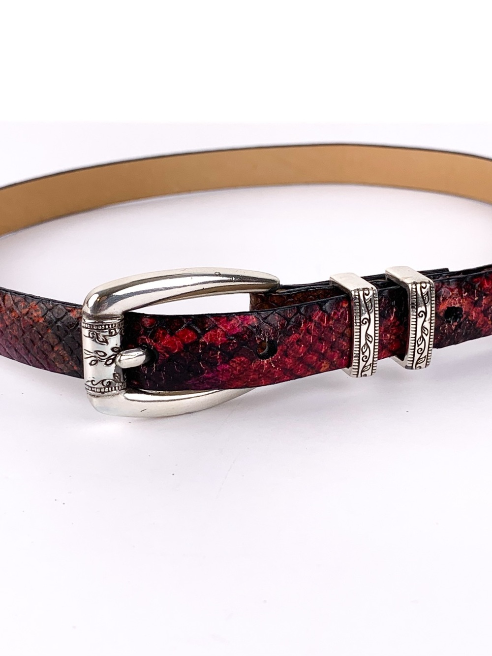 Vtg Brighton snake belt embossed leather belt red & black silver hardware S/28